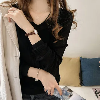 Корейски трикотаж върховете пуловер жените пролет есен черно грей кафе однотонная риза, v-образно деколте пуловер с дълъг ръкав момиче училище ежедневни