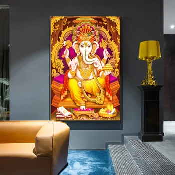 Лорд златен Ганеш платно плакати и отпечатъци върху платно живопис Индия Религия стенно изкуство картина за хола домашен интериор