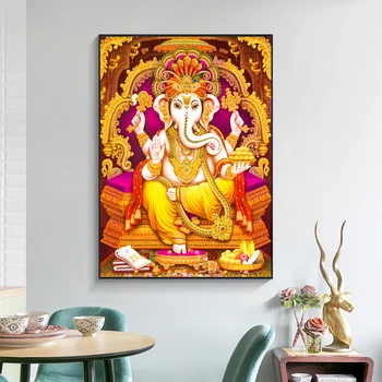 Лорд златен Ганеш платно плакати и отпечатъци върху платно живопис Индия Религия стенно изкуство картина за хола домашен интериор