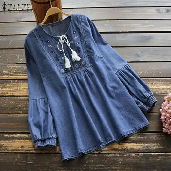Дамска блуза с бродерия 2021 ZANZEA Мода Denim Blue Тениски Tassel Puff Sleeve Blusas дамски ежедневни цветя върховете oversize 7