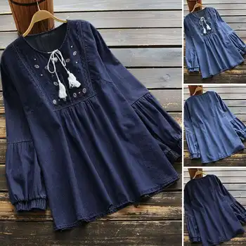 Дамска блуза с бродерия 2021 ZANZEA Мода Denim Blue Тениски Tassel Puff Sleeve Blusas дамски ежедневни цветя върховете oversize 7