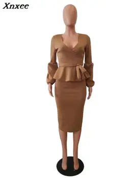 2020 есенна мода жените офис рокли баските молив Рокля фенер ръкав за формални бизнес облекло облекло за работа рокли, тоалети