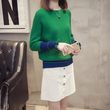 QRWR 2020 пуловер дамска мода корейски стил casual O врата мозайка трикотажни Slim Fit плътен цвят основните дамски пуловер