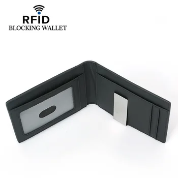 Нов RFID заключване тънък въглеродни влакна кожен портфейл с щипка мъжете ID на притежателя на картата предни джоба двойна мъжки метална скоба за пари