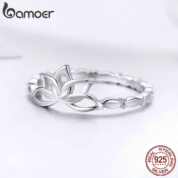 BAMOER елегантен истински 925 стерлинги сребърен лотос пръст пръстен цвете пръстени за жени, бижута сребро BSR018