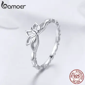BAMOER елегантен истински 925 стерлинги сребърен лотос пръст пръстен цвете пръстени за жени, бижута сребро BSR018