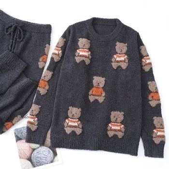 Зимна топла пижама комплект, от висок клас перо прежди пижама bear печат на сън блузи с дълъг ръкав, дълги панталони домашно облекло свободна нощно облекло