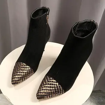 Ботильоны Дамски високи токчета с остър нос западните каубойски ботуши Дамски черни кожени обувки за Дами 2020 есен светкавица