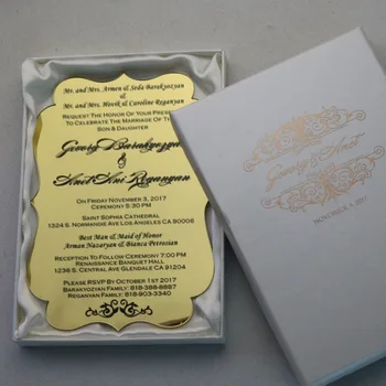 50-персонализирани картички, покани, сватбени услуги на злато акрил за свободно отпечатаните покани на партията и кутии от слонова кост