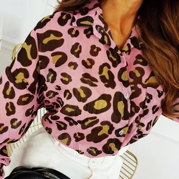 Есен леопардовым принтом с дълъг ръкав Дамски ризи отложным яка однобортный женски риза 2020 мода корейски дамски блузи