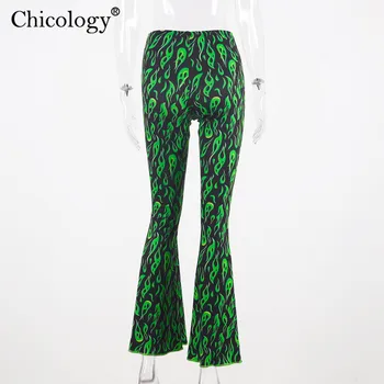 Chicology Green Fire Print Flare панталони с висока талия клеш 2020 Зима Есен секси дамски градинска облекло Y2K пънк панталони