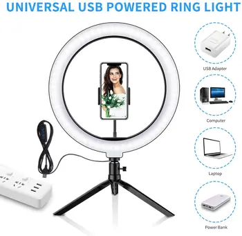 Снимка LED Selfie Ring Light с настолни штативами Dimmable Desktop Video Ring Лампа за грим на Youtube Live Stream