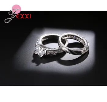 Елегантен сватбен годежен пръстен комплект 2 броя 925 стерлинги сребърни възпоменателни аксесоари с пълна лъскава кубичен Циркон камък