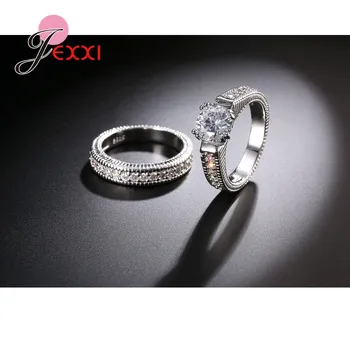 Елегантен сватбен годежен пръстен комплект 2 броя 925 стерлинги сребърни възпоменателни аксесоари с пълна лъскава кубичен Циркон камък
