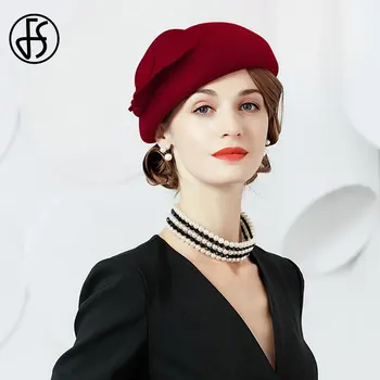 FS Elegant Wool Fascinator Hat For Wedding Berets Women Fedora 2020 Black Church Hats Ladies Felt Flower Pillbox Hat Winter
