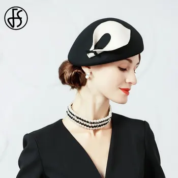 FS Elegant Wool Fascinator Hat For Wedding Berets Women Fedora 2020 Black Church Hats Ladies Felt Flower Pillbox Hat Winter