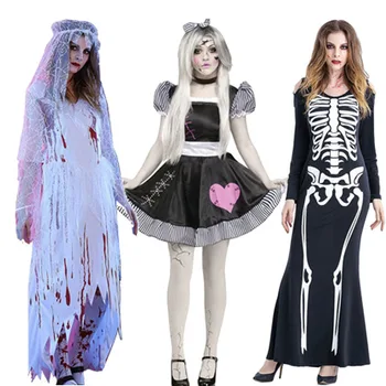 11 цвята жените стари готически скелет cosplay костюми на Хелоуин е страшно дълга рокля на зомби сватбен Лолита американското рокля, Гащеризон
