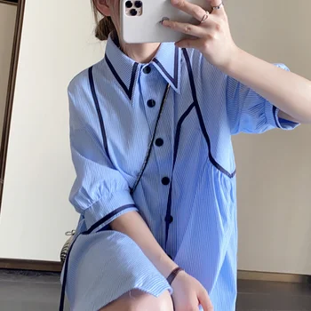 Ризи Дамски летни блузи свободни голям е размерът на лента мозайка ретро дизайн на дамски блузи чист корейски отложной яка мода