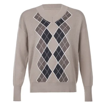 Ретро кафяв V-образно деколте каре плета пуловер дамски ежедневни Свободни Пуловери зимата с дълъг ръкав пуловер мода топ