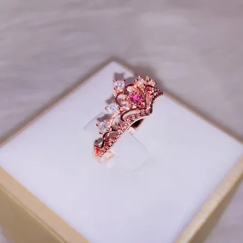 Откриването на 14К rose gold Diamond Crown пръстен Лейди лукс Anillos сватба бижу Bizuteria Принцеса сватба бижута златни пръстени