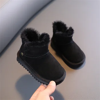 Дими зимни Детски обувки момчета момичета момче модни ботуши мек велур, естествена кожа нескользящая топла вълна плюшени деца снегоходки