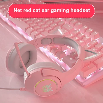 Нов продукт K9 Розовата Котка Ear Сладко Момиче Gaming Headset с микрофон намаляване на шума, HiFi 7.1 Channel RGB жични слушалки