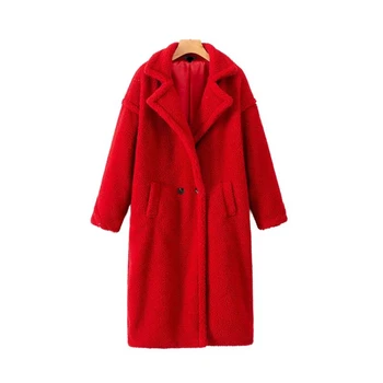 Зимата плюшевое палто жени изкуствена кожа с дебели топли дълги палта джобове двубортный дълъг ръкав палто от изкуствена кожа ежедневното зимно палто жени