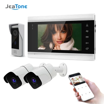 Jeatone 7-инчов Безжичен Wi-Fi smart-IP видео домофонна система, домофонна система с 2x720p камера за наблюдение, подкрепа за откриване на движение