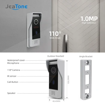 Jeatone 7-инчов Безжичен Wi-Fi smart-IP видео домофонна система, домофонна система с 2x720p камера за наблюдение, подкрепа за откриване на движение