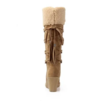 Мода търкане плюшени снегоходки жените клинове коляното-високи противоплъзгаща ботуши топлинна женски памукът е мек обувки топло плюс-Размер 43