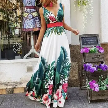 Мода жените лятото цвете ръкави V образно деколте Boho Casual Dress Long Maxi Evening Party Beach Dress сарафан 2019 Нова