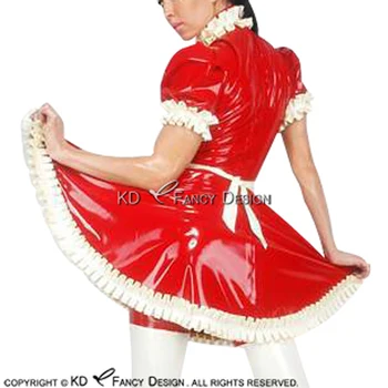 Червено-бяло сексуално латексово рокля на френската камериерка с престилка висока яка с цип отзад гумена униформи-Playsuit Bodycon LYQ-0125