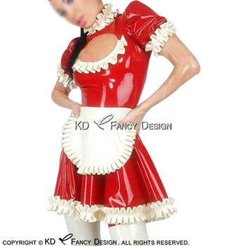 Червено-бяло сексуално латексово рокля на френската камериерка с престилка висока яка с цип отзад гумена униформи-Playsuit Bodycon LYQ-0125