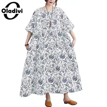 Oladivi големи дрехи плюс размера на жените мода печат лятото с къс ръкав дълга рокля Дама ежедневни свободни рокли, туники 8XL 7XL