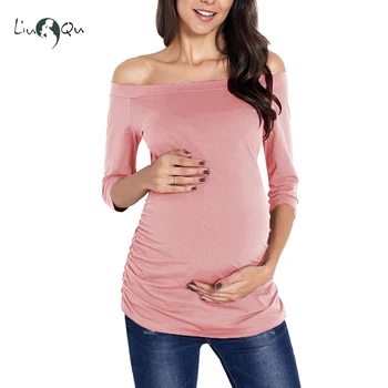 Дамска туника за бременни Бременност върхове с рамо 3/4 ръкав Дамски дрехи класическа страна Ruched тениска бременност облекло