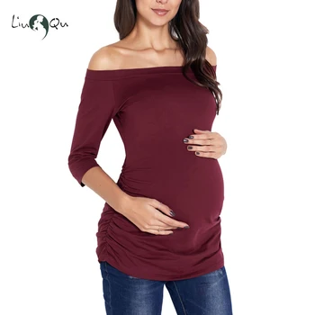 Дамска туника за бременни Бременност върхове с рамо 3/4 ръкав Дамски дрехи класическа страна Ruched тениска бременност облекло