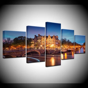 Платно HD щампи картини начало декор 5 парчета Амстердам градски сграда нощен пейзаж плакат модулни картини на стената художествени рамка