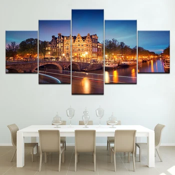 Платно HD щампи картини начало декор 5 парчета Амстердам градски сграда нощен пейзаж плакат модулни картини на стената художествени рамка