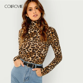 COLROVIE леопардовый принт поло работно облекло Дамско тениска Дамска 2019 Пролет с дълъг ръкав секси женски ризи, блузи чай