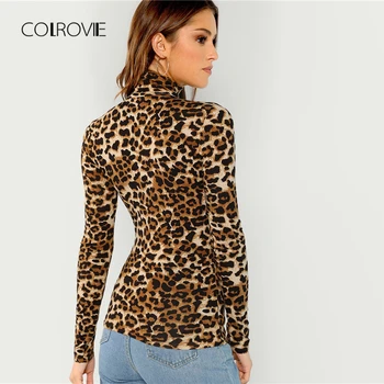 COLROVIE леопардовый принт поло работно облекло Дамско тениска Дамска 2019 Пролет с дълъг ръкав секси женски ризи, блузи чай
