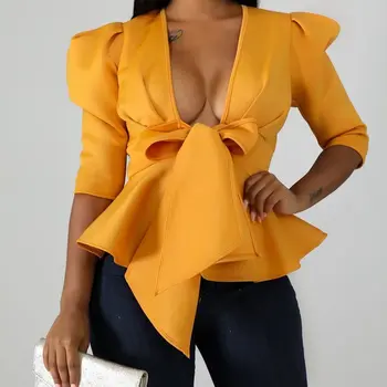 Бутер Ръкав Туника Блуза, Блузи Африкански 2021 Есента На Жената Плюс Размера На Баските Лък Накъдрен Дами Party Club Жълто Бяла Блуза