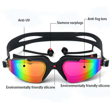 Силиконови професионални плувни очила анти-мъгла UV многоцветни плувни очила с ушния затычкой скоба за носа жени Водни спортове очила