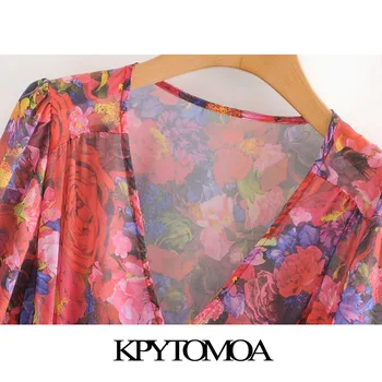 KPYTOMOA Women 2020 Chic Fashion цветен принт Wrap шифоновое midi рокля Vintage V образно деколте с колан и подплата женствена рокля Veintidos