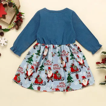 (6M-4T) Baby girl princess dress с дълъг ръкав Santa Claus denim dress весела Коледа print Коледа Santa Claus Arctic F4*