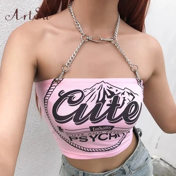 ArtSu Printed Chain Top Halter Секси без гръб Croptop Summer Sleeveless Women Cami Top Harajuku Pink Vest Streetwear ASVE20738