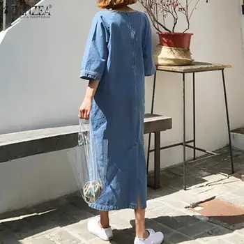 Плюс размер жена случайни сарафан ZANZEA 2021 Vintage Denim Blue Midi Dress V образно деколте и широки летни Vestidos женски плътен халат 5XL