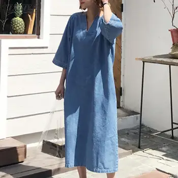Плюс размер жена случайни сарафан ZANZEA 2021 Vintage Denim Blue Midi Dress V образно деколте и широки летни Vestidos женски плътен халат 5XL