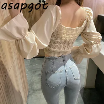 Asapgot New Autumn Vintage Korea Chic Етикети Вязаная Къс Квадратна Врата Flare Блуза С Дълъг Ръкав Women Blusas De Mujer Fashion