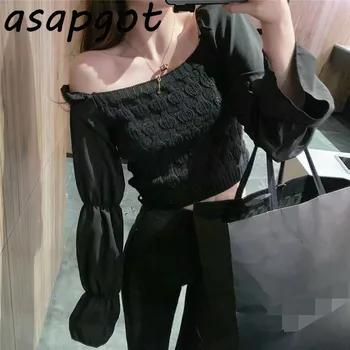Asapgot New Autumn Vintage Korea Chic Етикети Вязаная Къс Квадратна Врата Flare Блуза С Дълъг Ръкав Women Blusas De Mujer Fashion