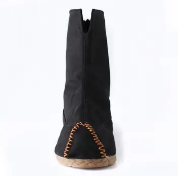 Китайски стил Национален старинен стил обувки плюшен плоска подметка платно на средната тръба ботуши за мъже, жени къси ботуши етнически ежедневни ботуши